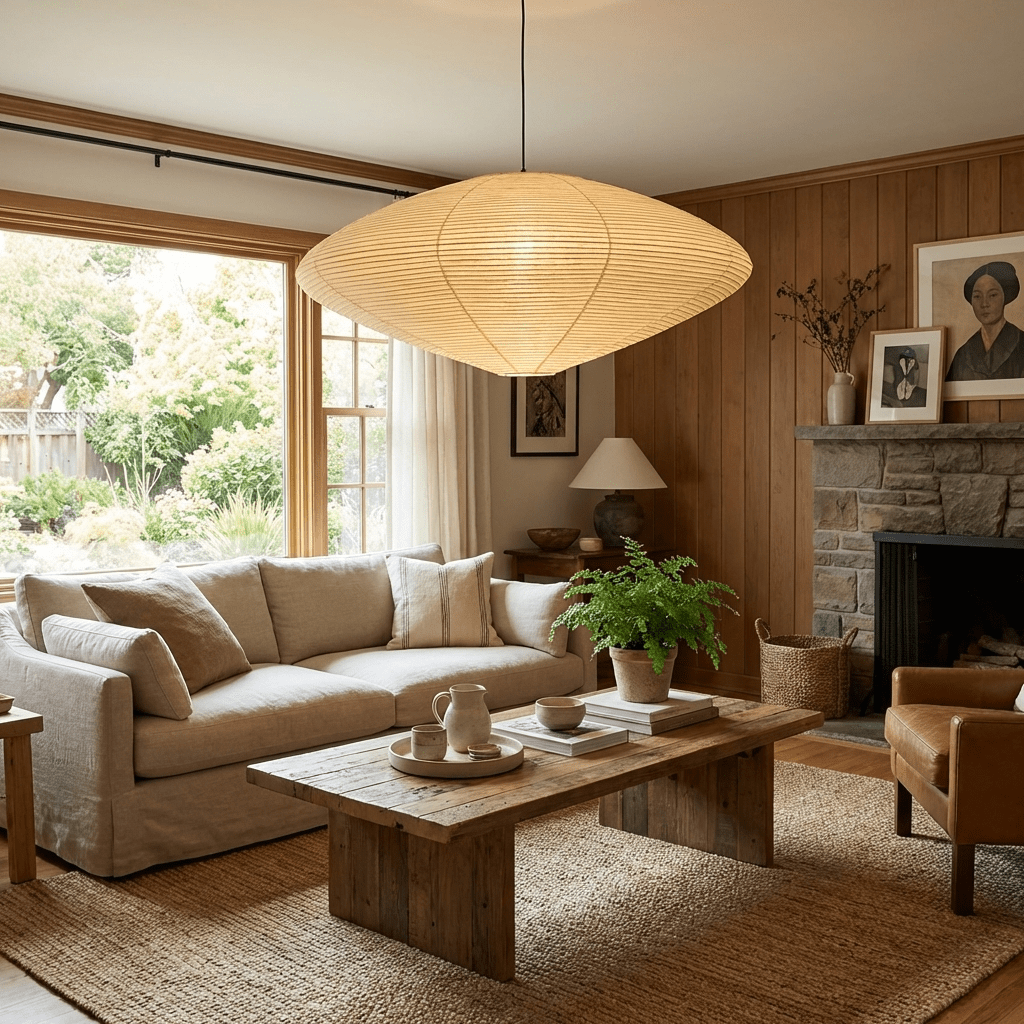 Washi paper pendant light shown at an angled view