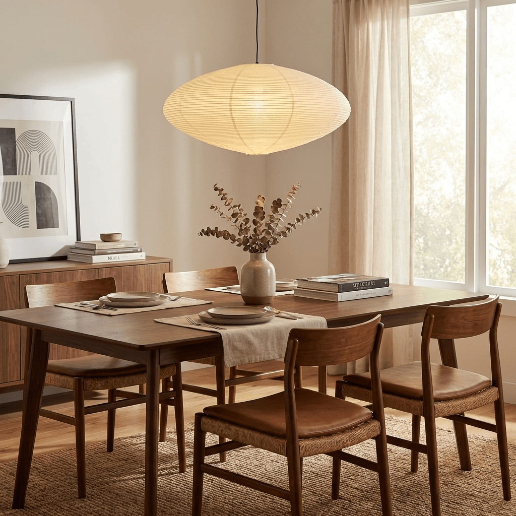 Round washi paper pendant light with diffused amber glow