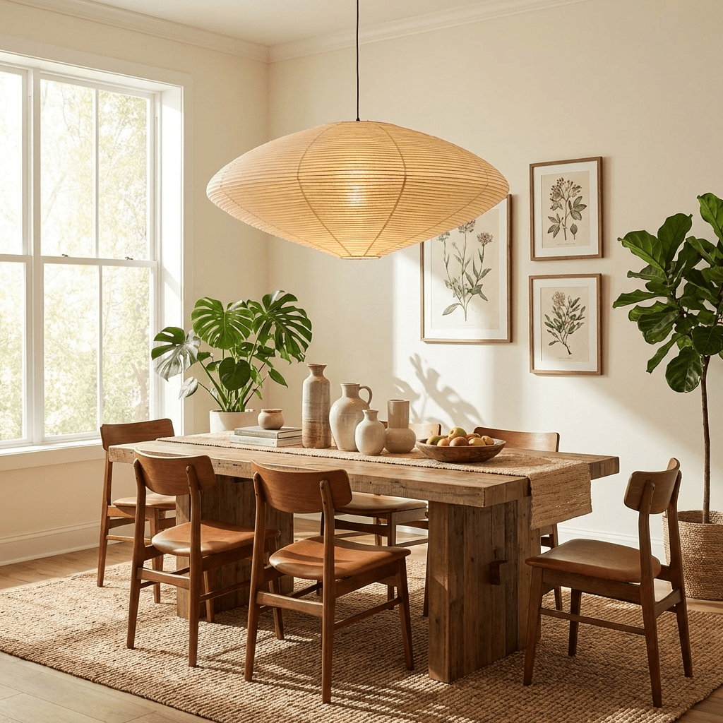 Washi paper pendant light shown from below with warm glow