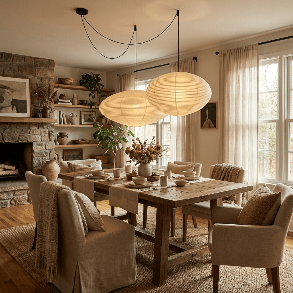 White washi paper pendant light suspended from a ceiling