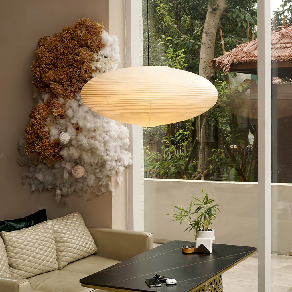 White washi paper pendant hanging in a minimalist room