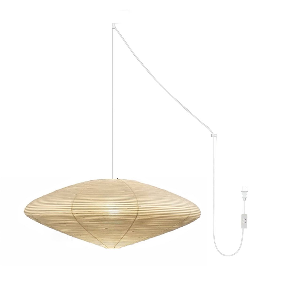 White washi paper swag pendant hung from a ceiling hook