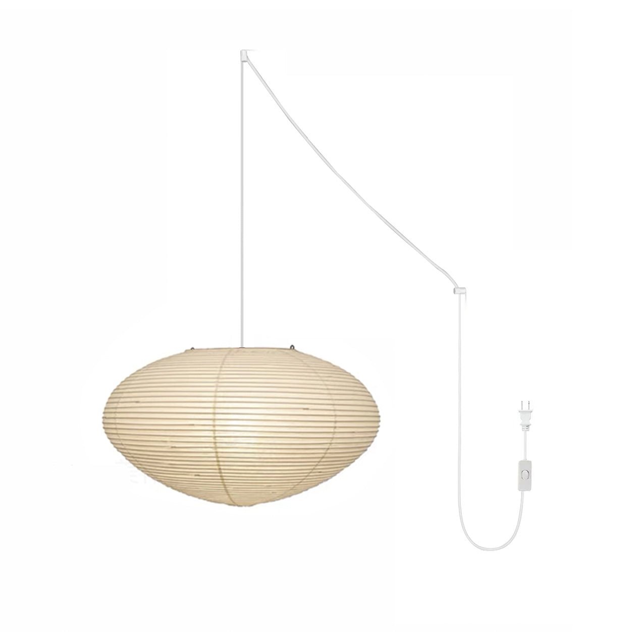 White washi paper swag pendant light glowing in a styled room