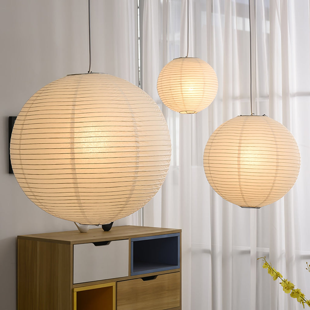 Mulberry paper pendant glowing in a calm interior