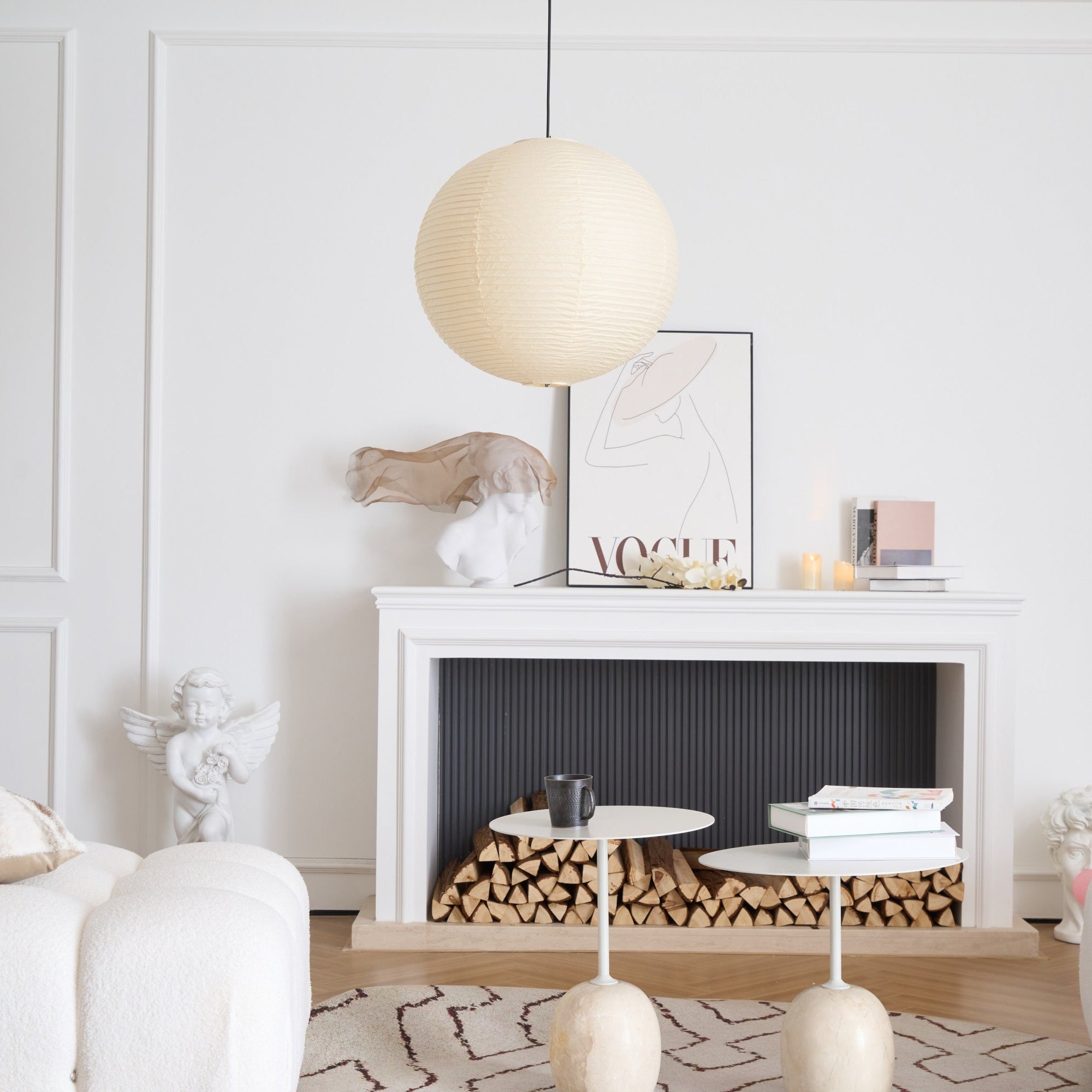 Round paper pendant light styled over a dining area