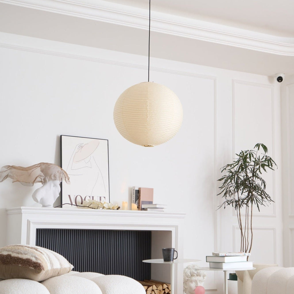 White washi paper pendant shade shown from below