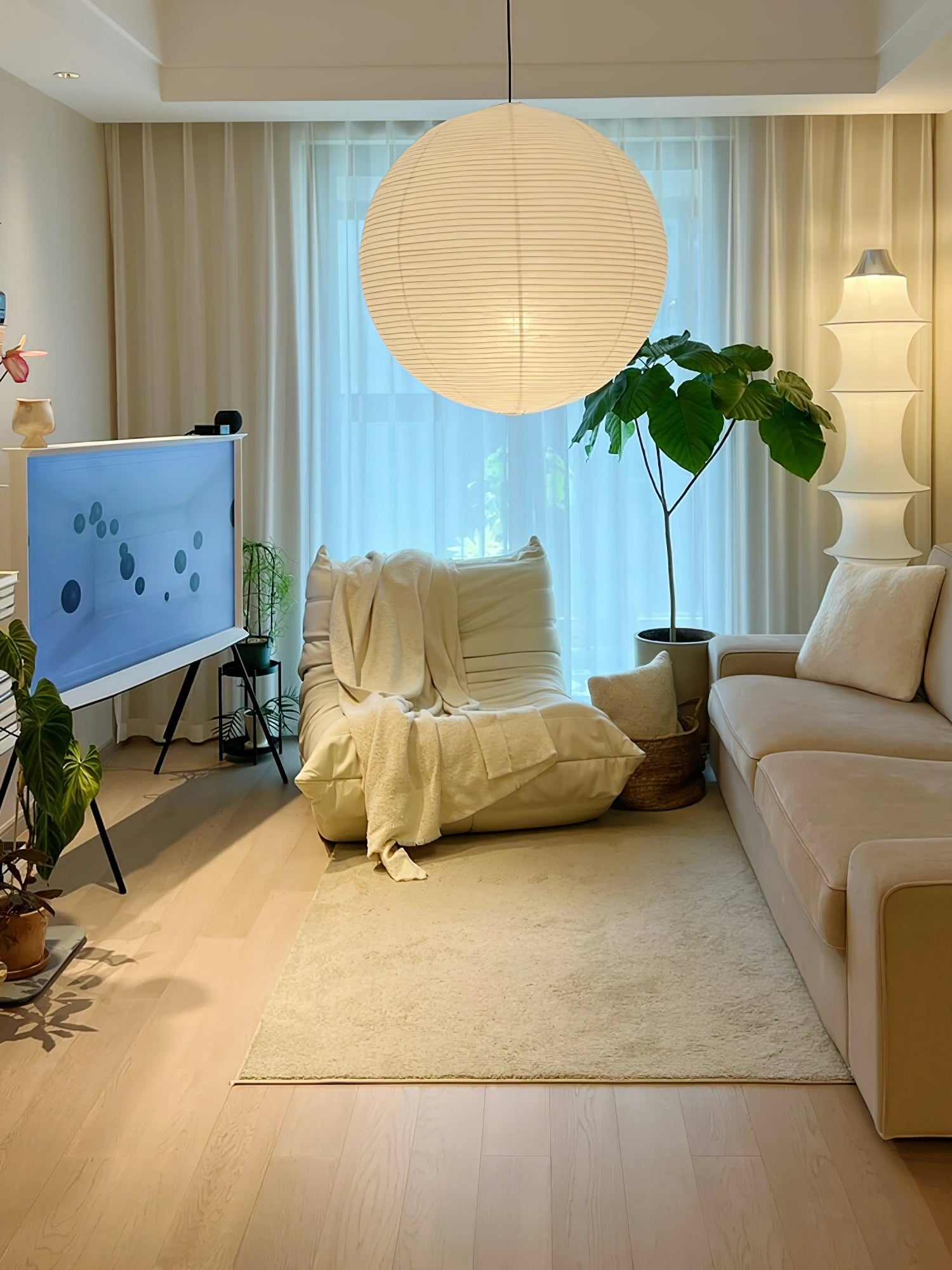 Pendellampe, Kozo morbærpapirskugle, hvid ledning med krog, E27