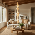 White washi paper pendant shade lit softly from inside