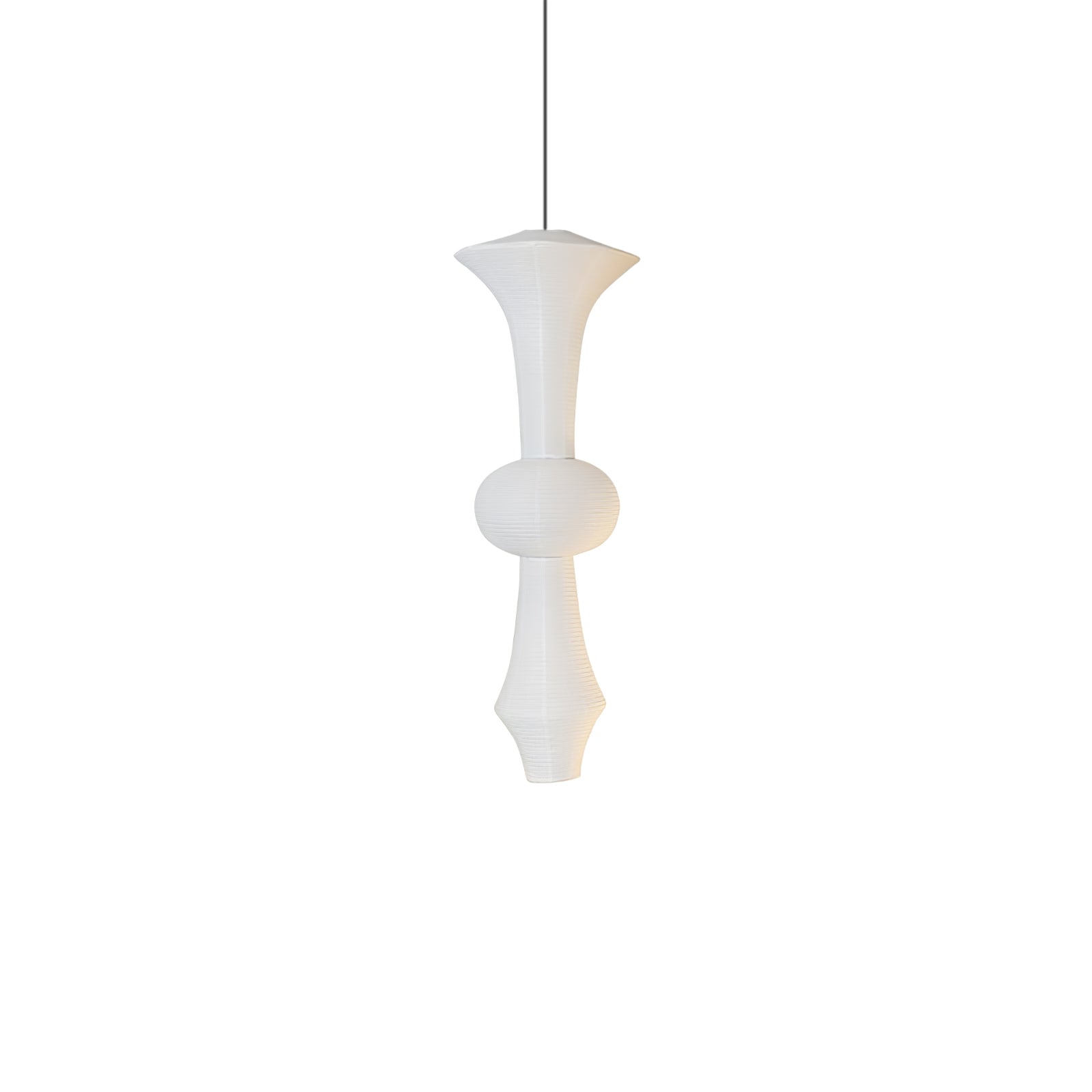 Slender mulberry paper pendant lit warm from within