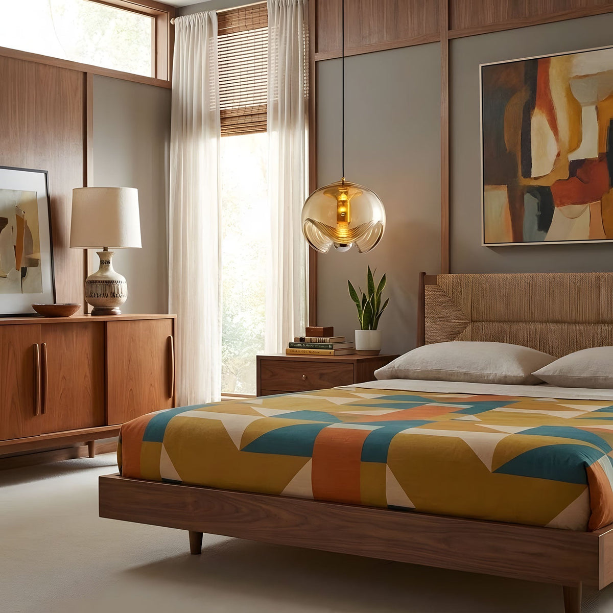 In a mid-century bedroom beside a curtained window, this Clérachic pendant's amber glass shade and gold frame hang above a colour-block bedspread.