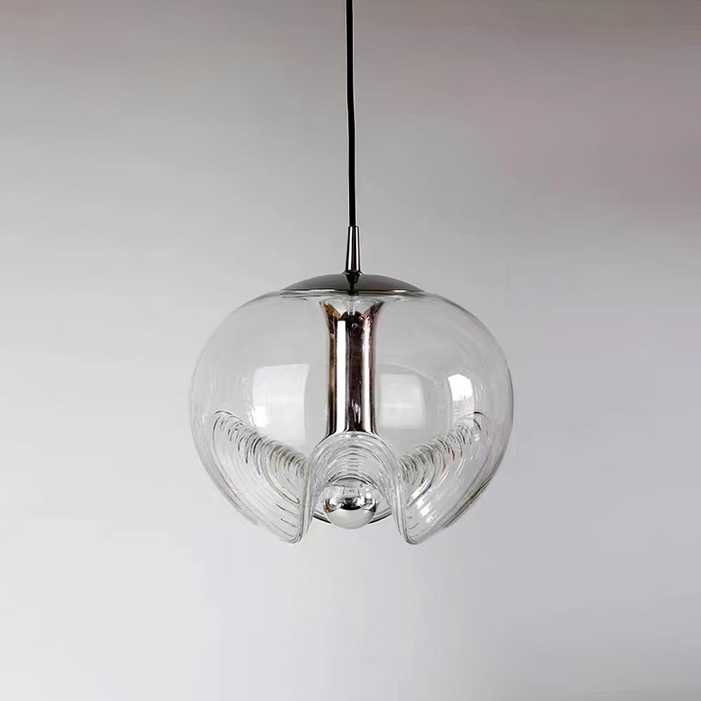 Product shot of this Clérachic pendant's clear glass shade and silver frame, unlit against a soft grey gradient background.
