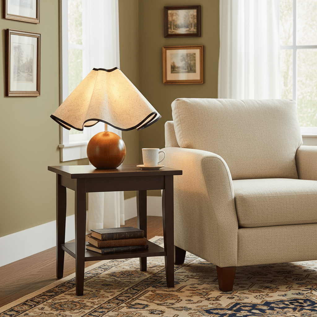 Wavecrest table lamp front view highlighting the draped fabric shade