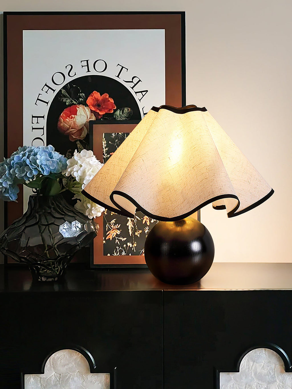 Wavecrest table lamp detail of the linen fabric texture