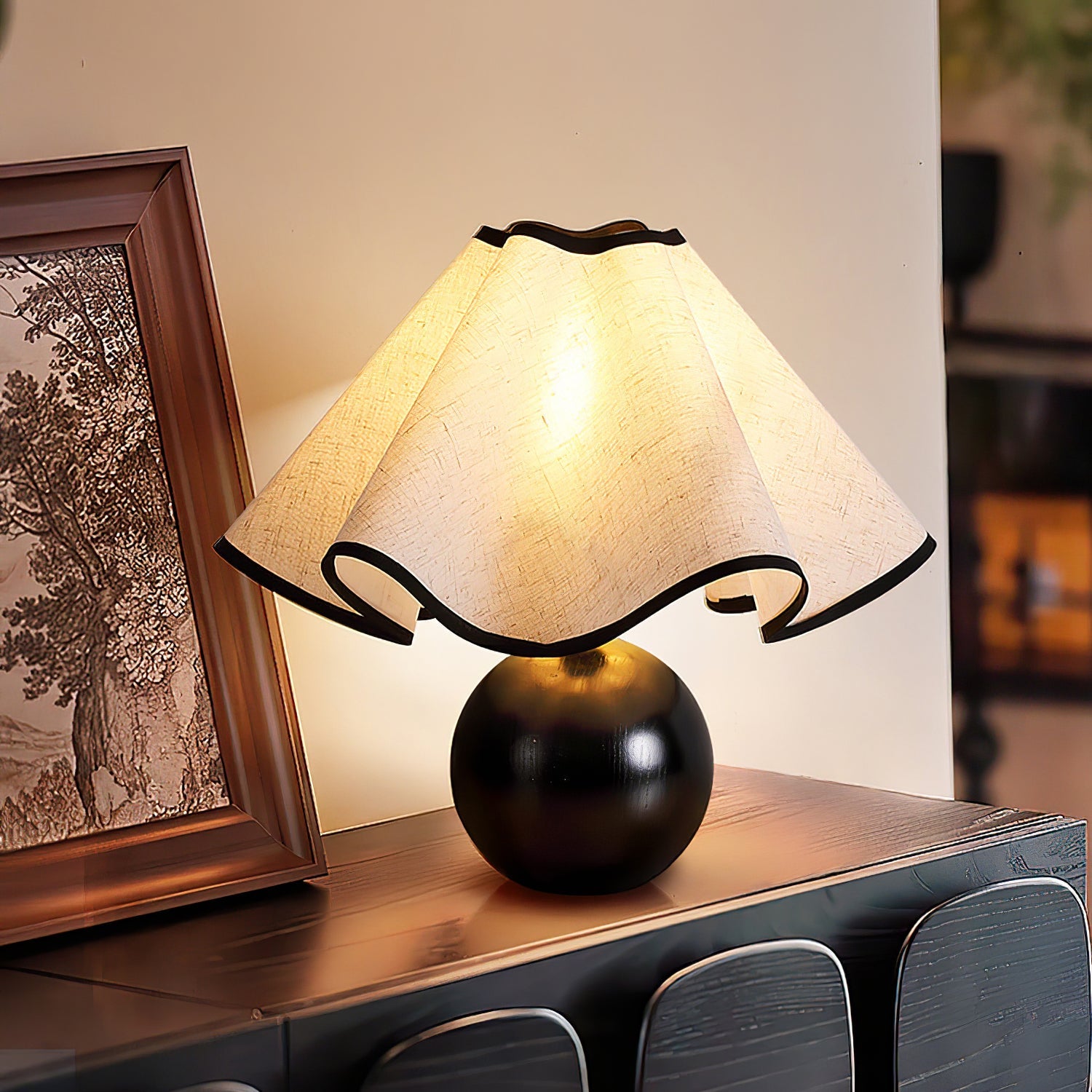 Wavecrest table lamp showing the walnut-color wood base