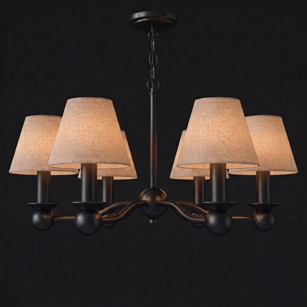 In matte black, this six-light Clérachic chandelier hangs unlit with fabric drum shades on arched branching arms.