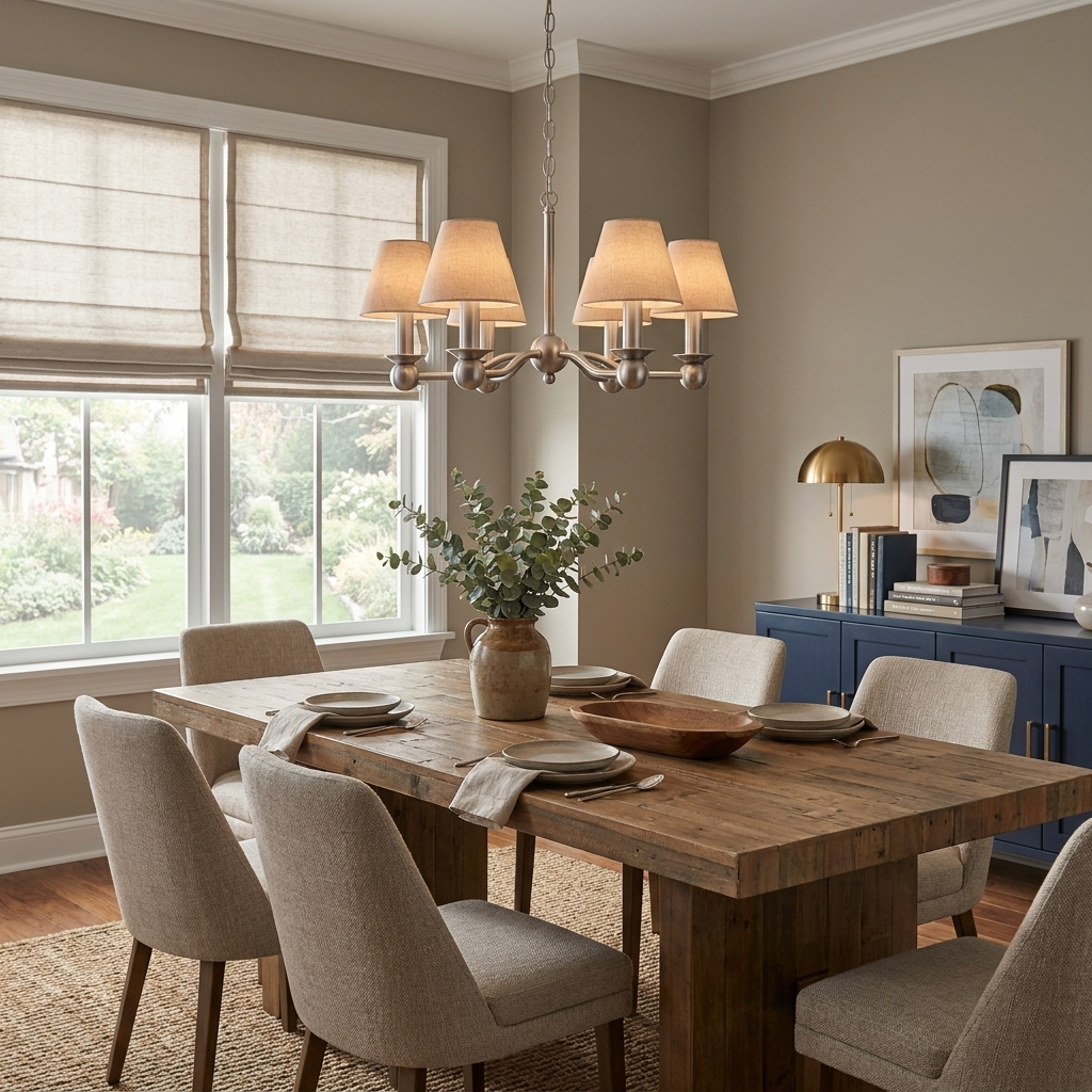 This brushed nickel Clérachic chandelier lights a dining table set with cream upholstered chairs and a navy blue sideboard.