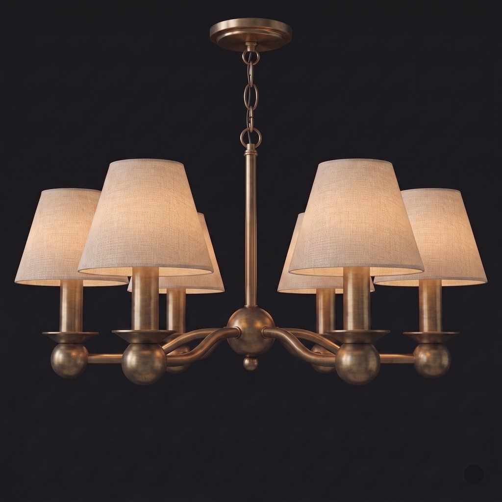 This brushed brass Clérachic chandelier hangs unlit on its chain, shown against a dark backdrop.