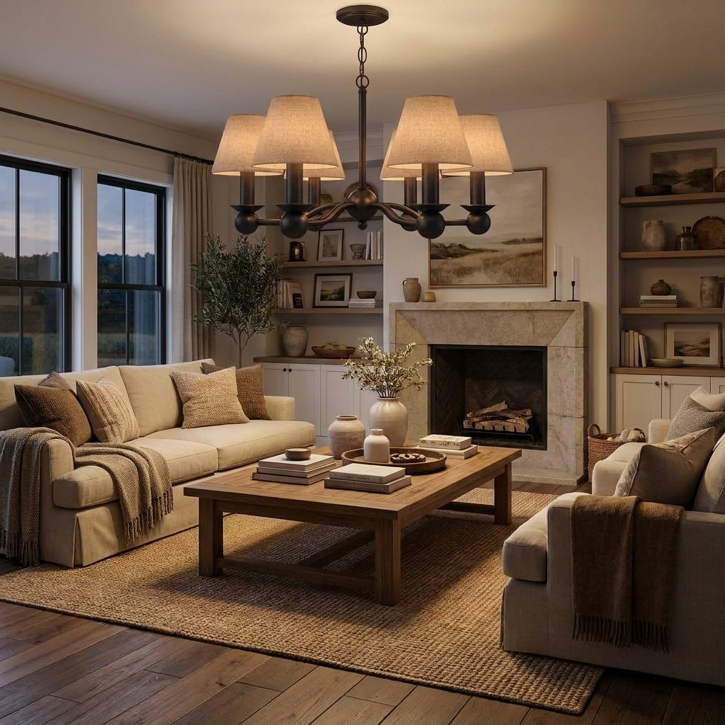 A stone fireplace and built-in bookshelves frame this matte black Clérachic chandelier, glowing above a living room coffee table.