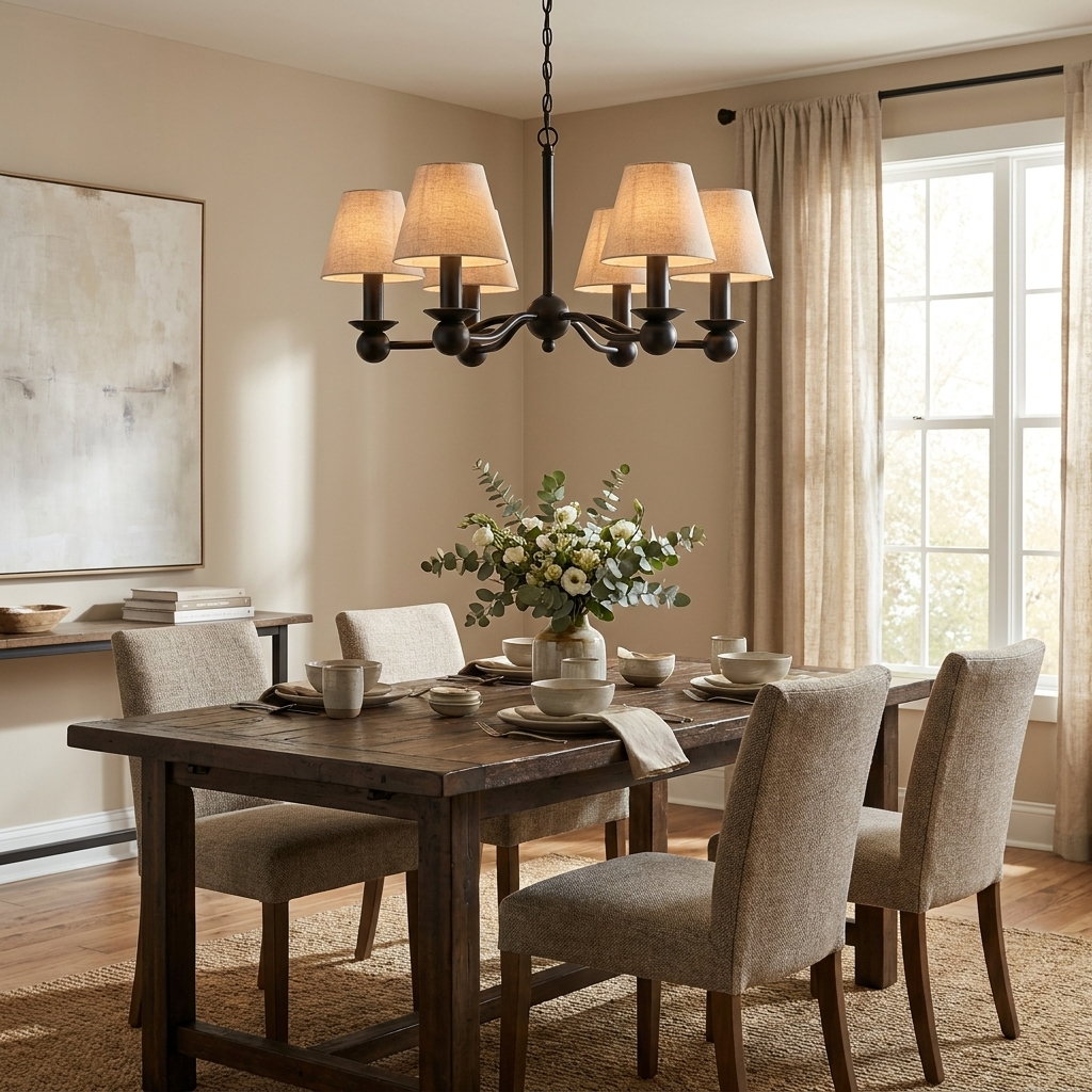 In matte black, this Clérachic chandelier glows above a dark wood dining table with upholstered grey chairs.