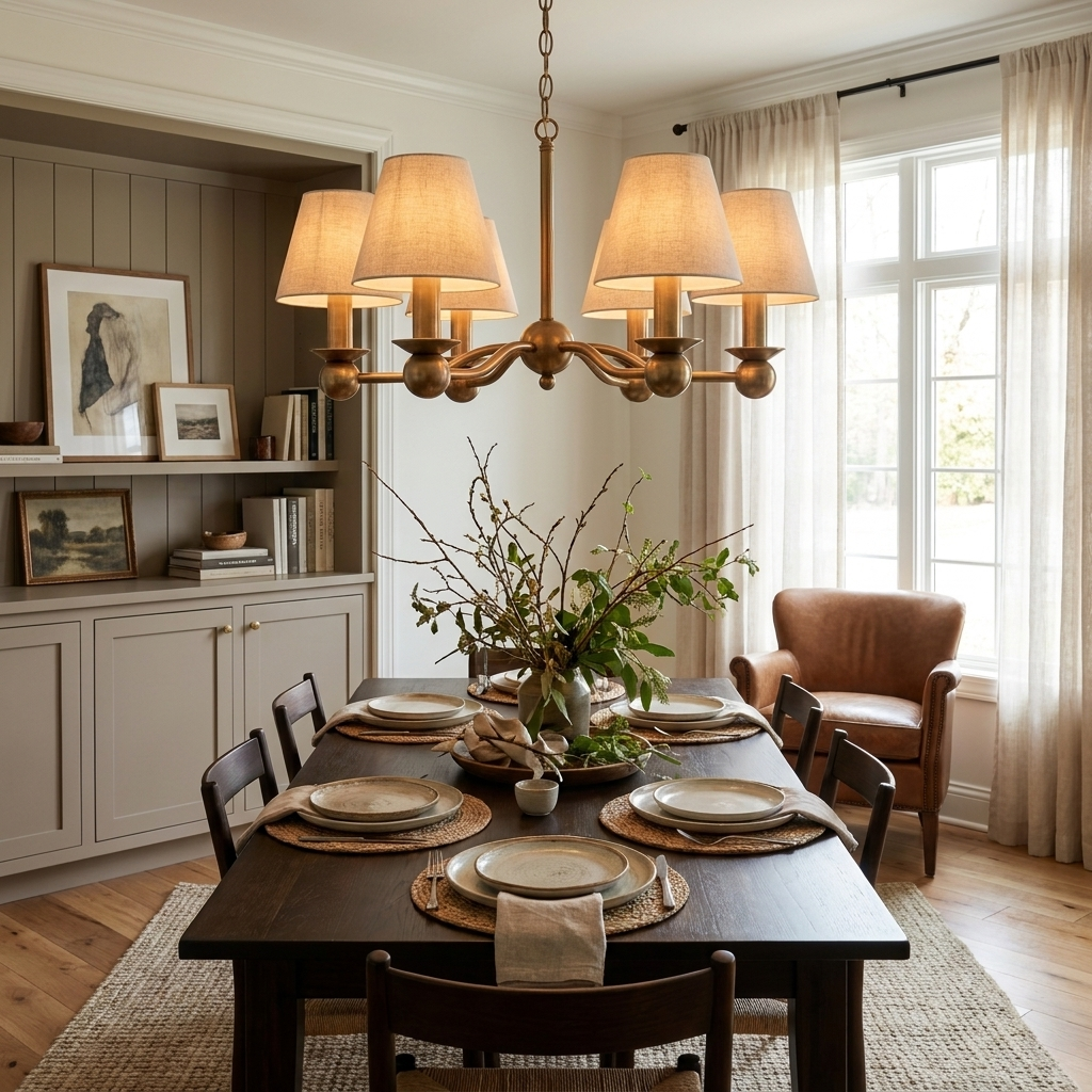 Hanging over a wood dining table set for a meal, this brushed brass Clérachic chandelier lights built-in shelving nearby.