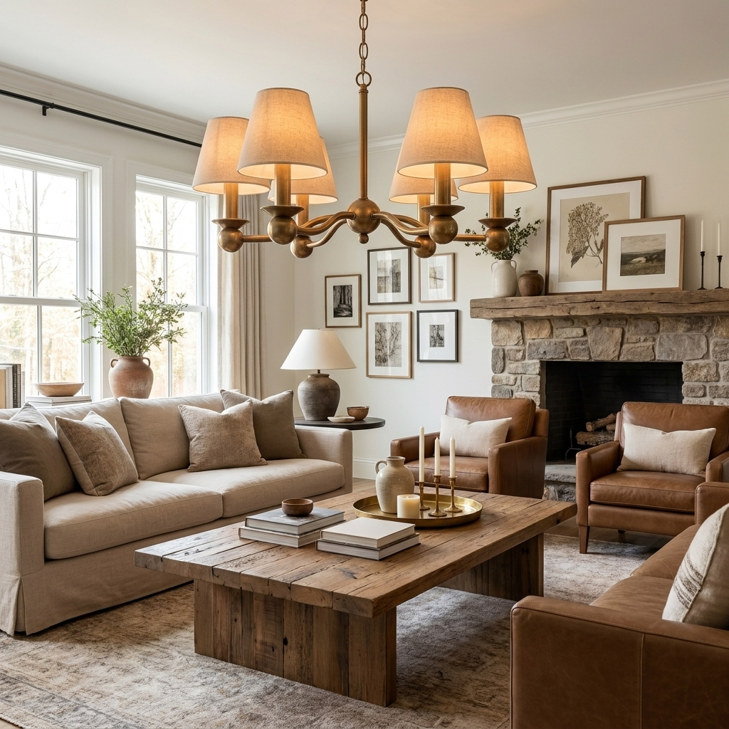 Above a reclaimed-wood coffee table, this brushed brass Clérachic chandelier glows beside a stone fireplace and cream sofa.
