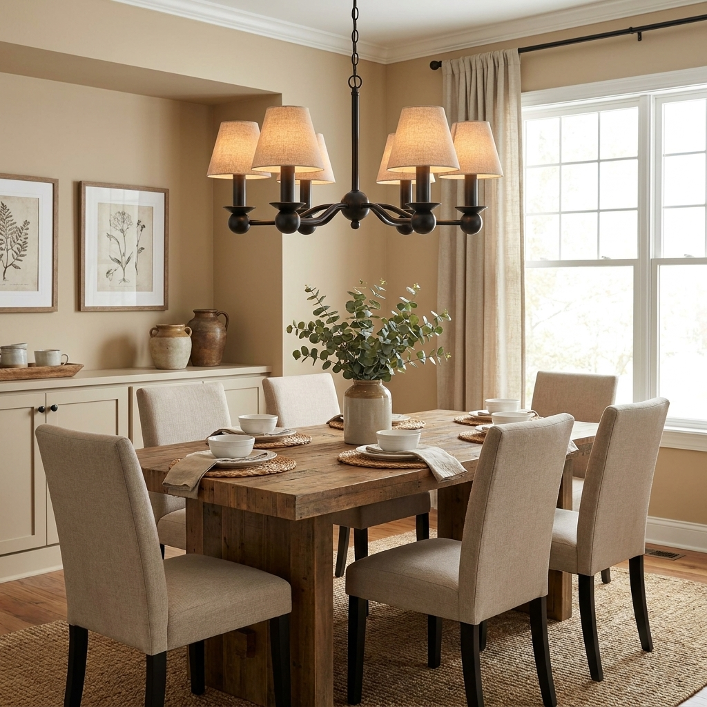 This matte black Clérachic chandelier glows above a farmhouse dining table with cream upholstered chairs and a sideboard.