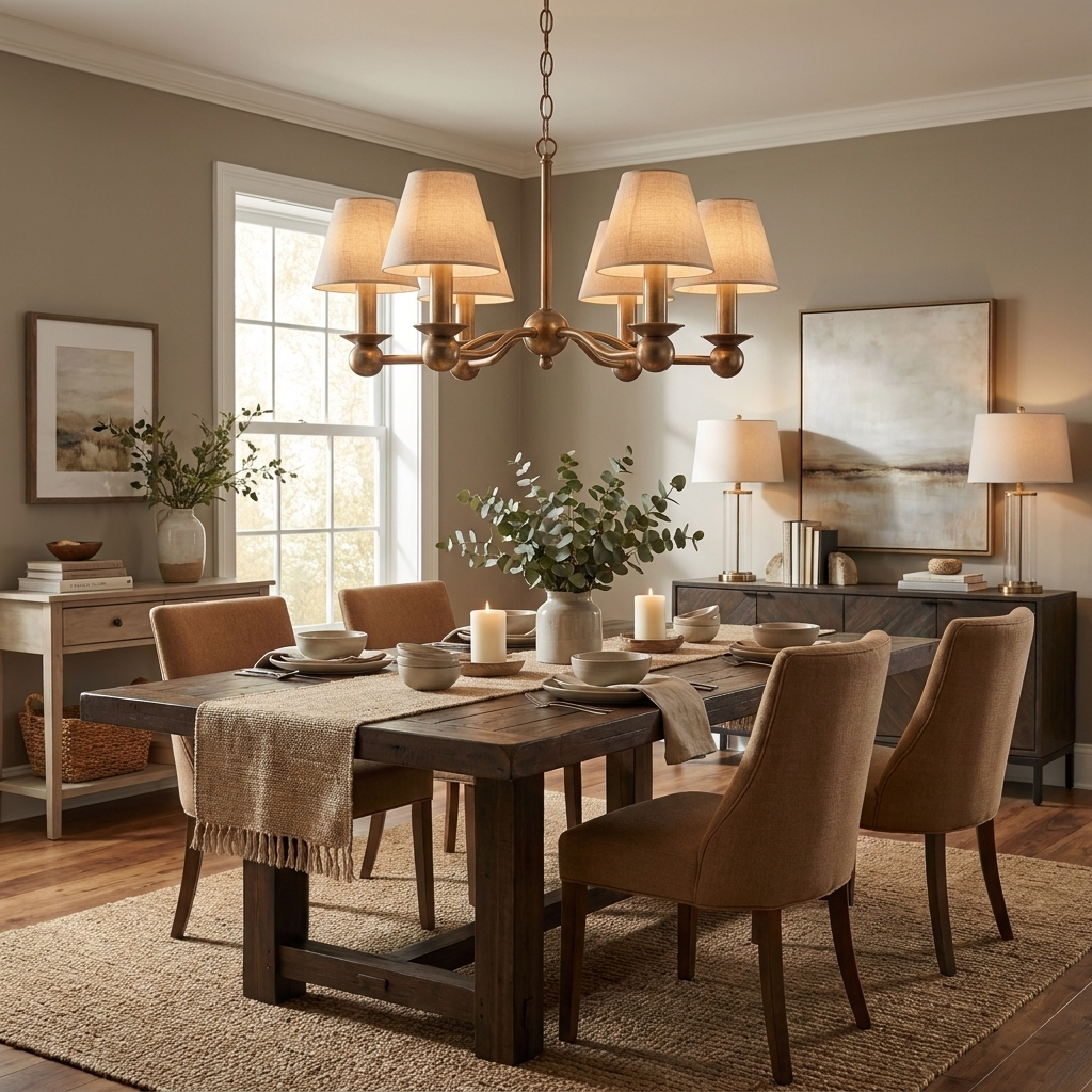 This brushed brass Clérachic chandelier glows above a dark wood dining table styled with a console and framed art.