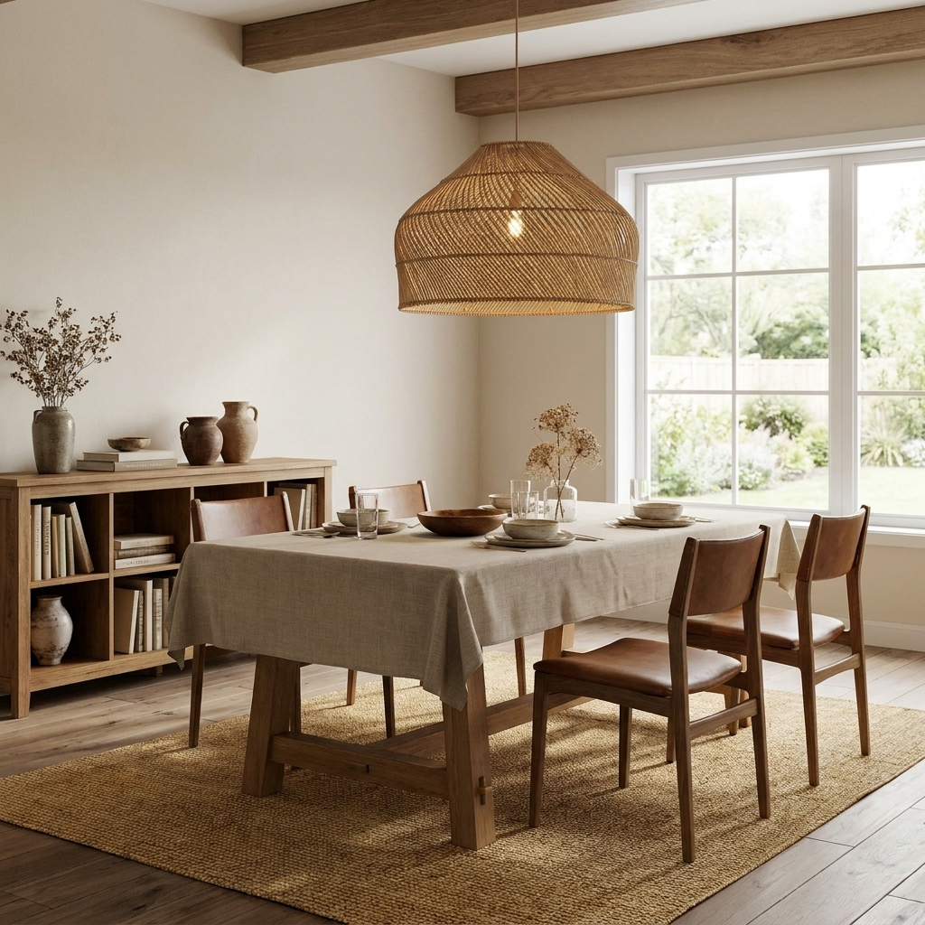 This Clérachic pendant hangs above a linen-covered dining table, leather chairs around it and a low bookshelf against the wall.