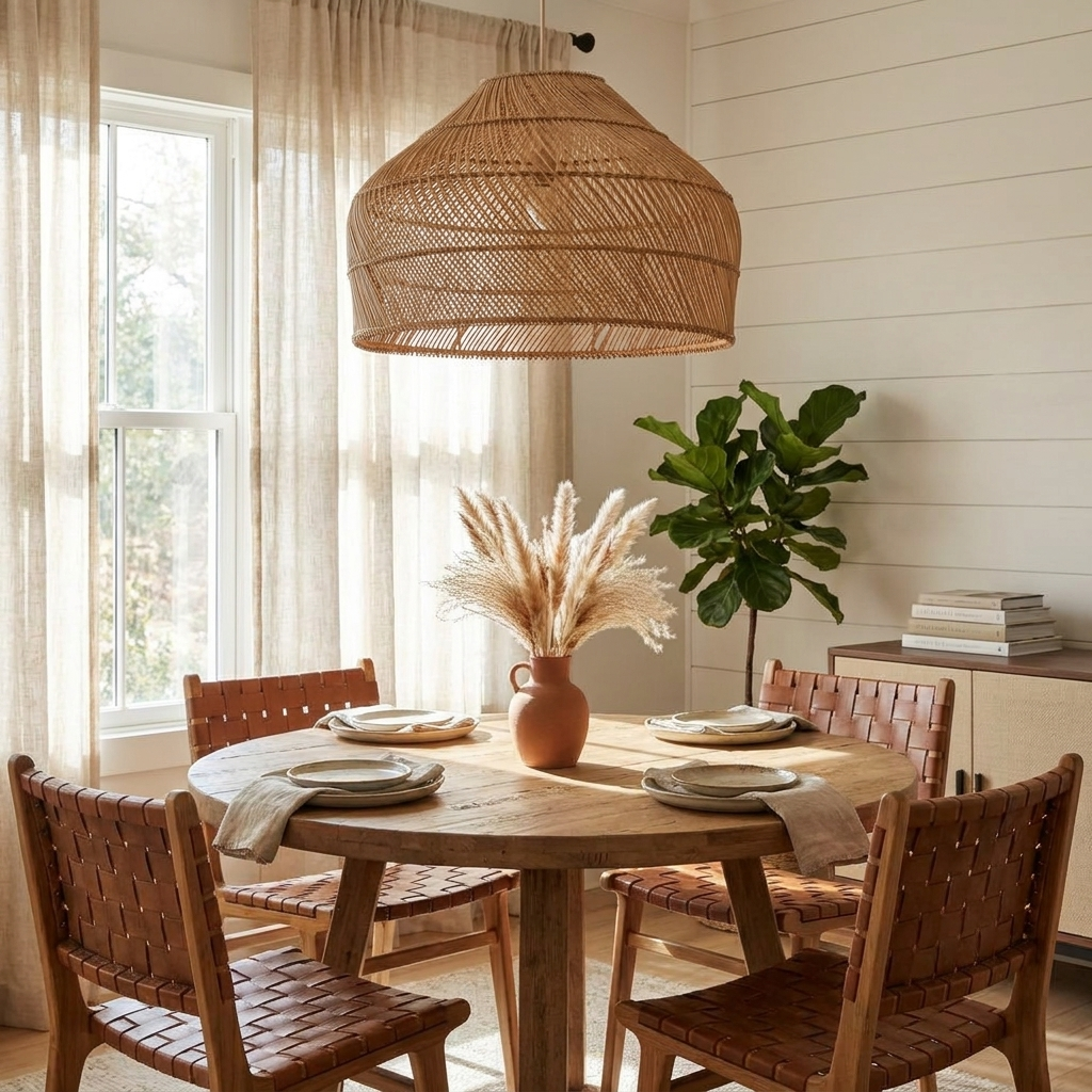 This Clérachic pendant hangs over a round wood table set with leather-woven chairs and a jute rug underfoot.