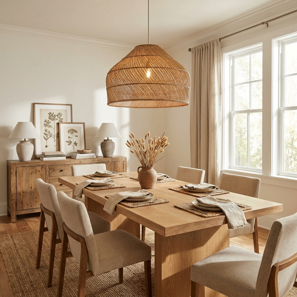 This Clérachic pendant hangs above a wood dining table set with woven placemats, a sideboard of framed prints behind.
