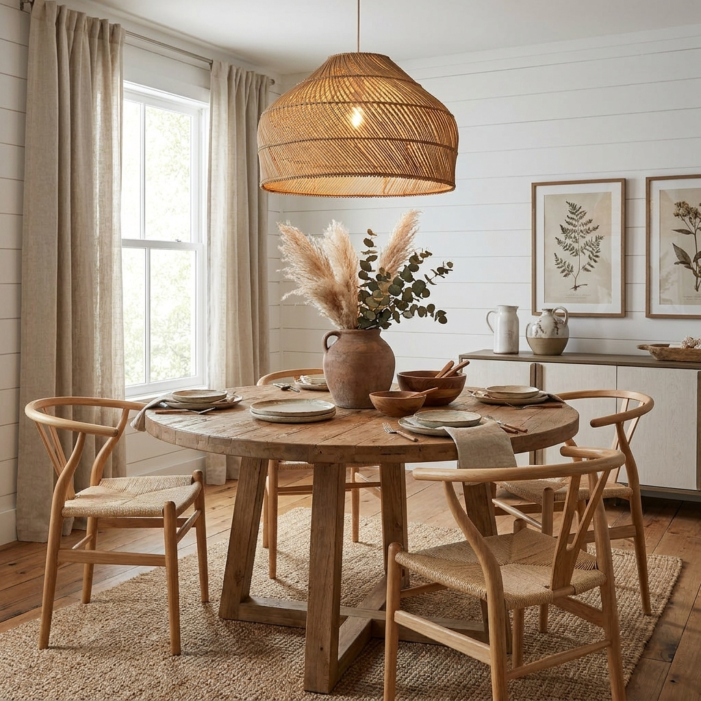 This Clérachic pendant hangs over a round table with wishbone chairs, a jug of dried pampas grass at its centre.