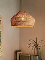 This Clérachic pendant hangs in a room corner near a leafy plant and a low bookshelf.