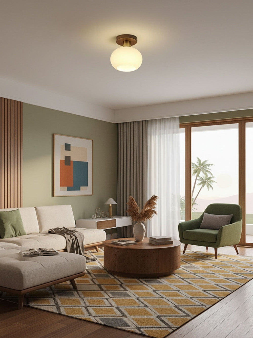 A patterned rug and armchair sit below this Clérachic ceiling light, glowing warm in a living room corner.
