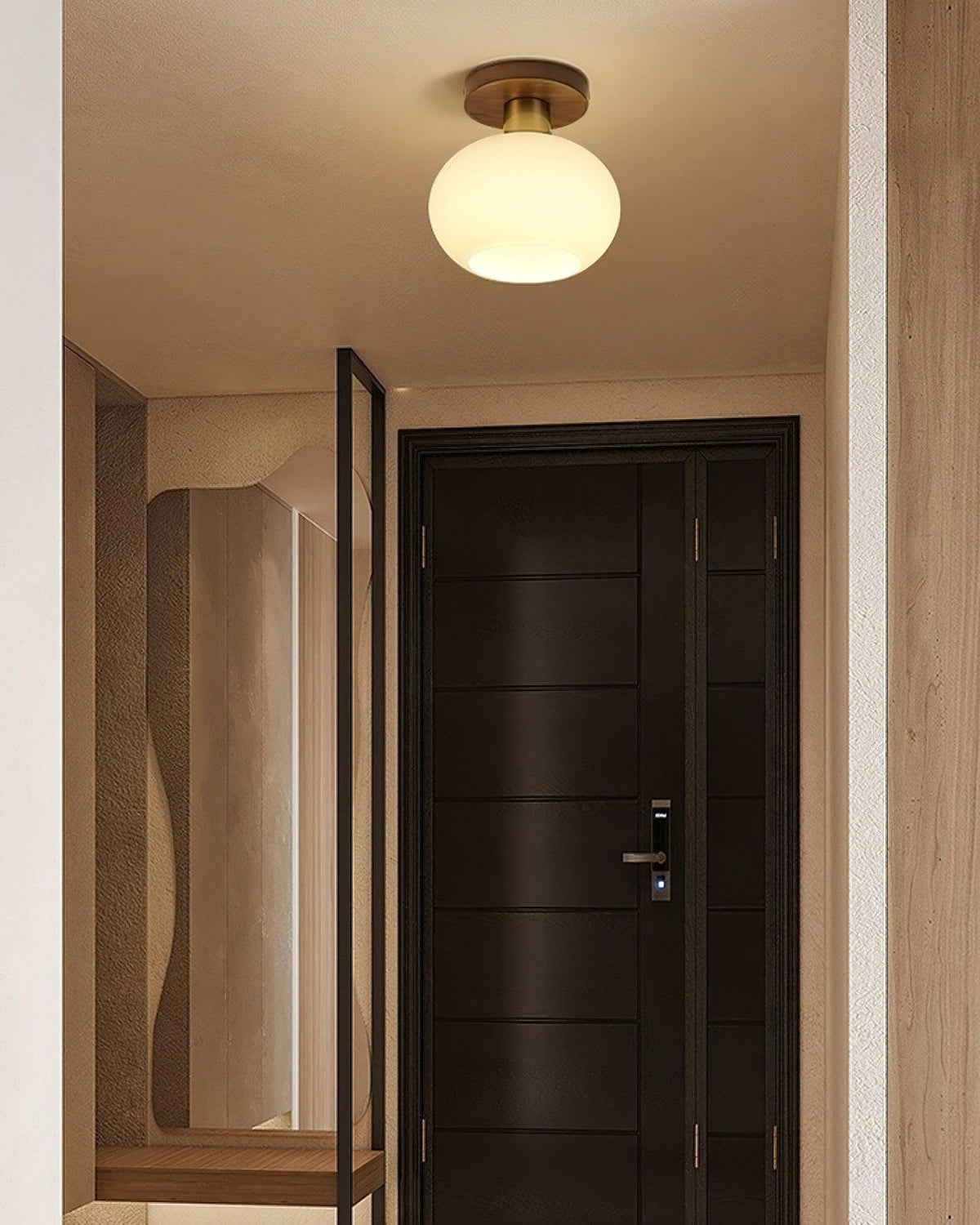 This Clérachic ceiling light is mounted above a hallway with a dark panelled door and a floor plant.