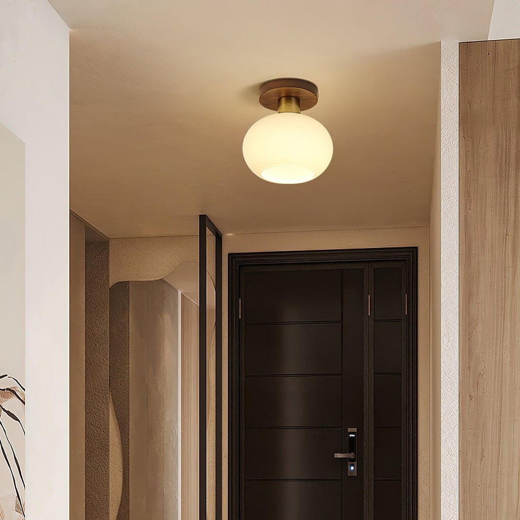 A dark wood entry door sits below this Clérachic ceiling light, glowing warm overhead.