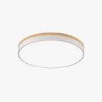 Round wood and white ceiling light mounted on a ceiling