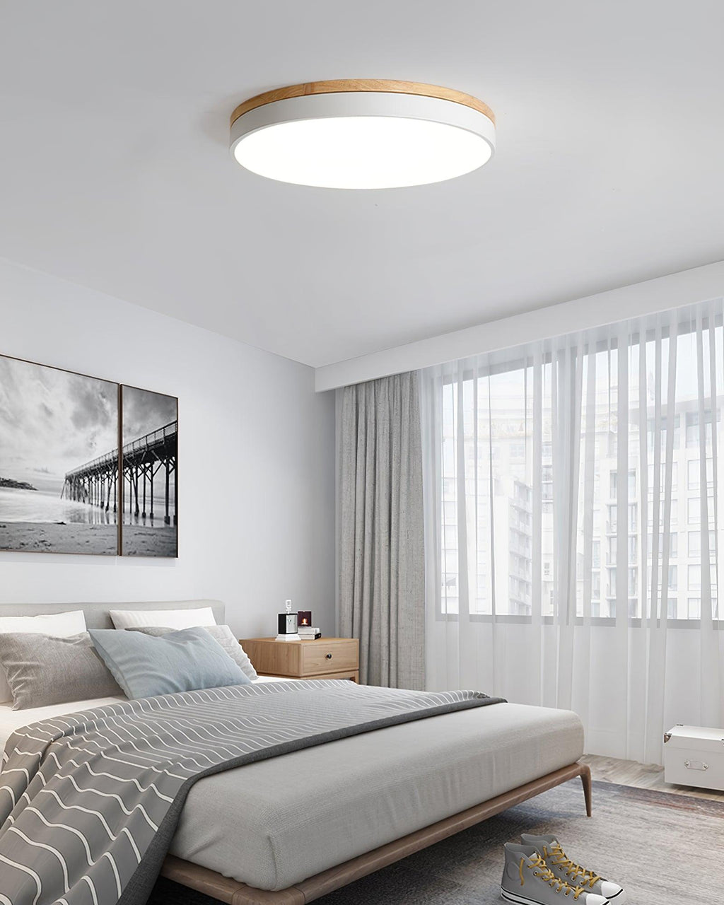 White ceiling light with wood edge mounted on a ceiling