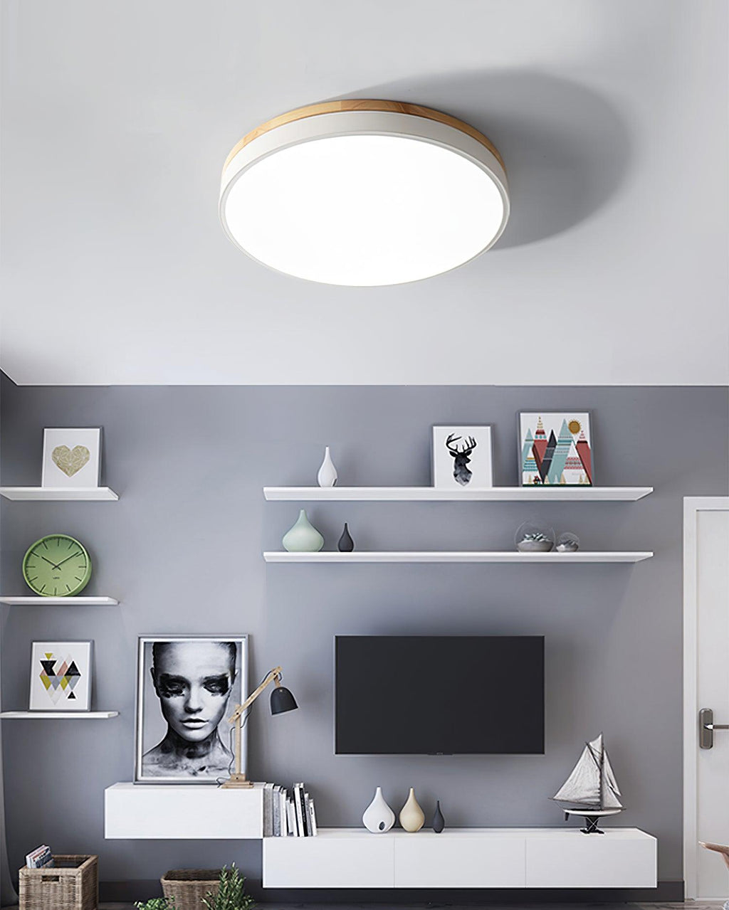 Round flush mount ceiling light glowing in a living space