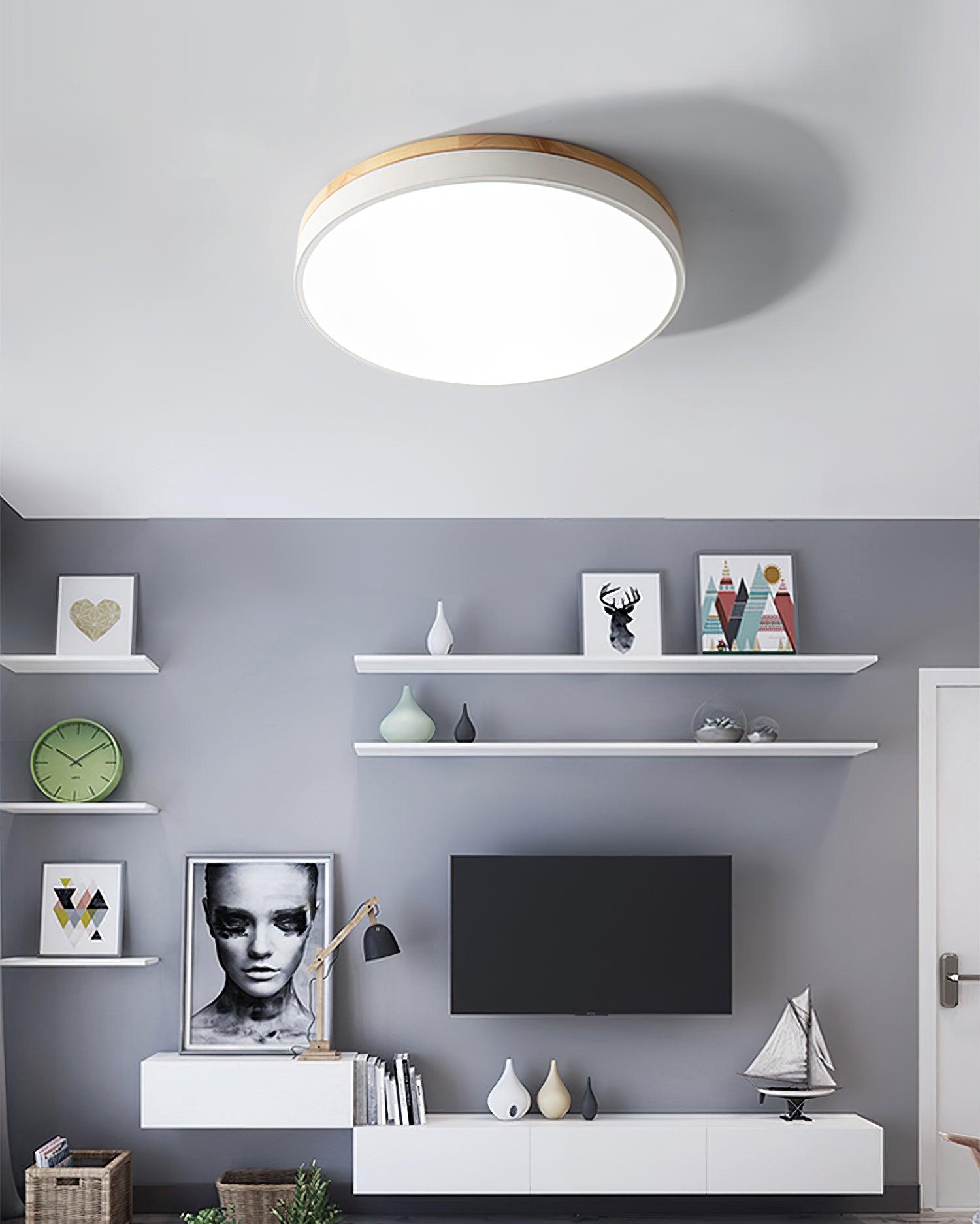 Round flush mount ceiling light glowing in a living space