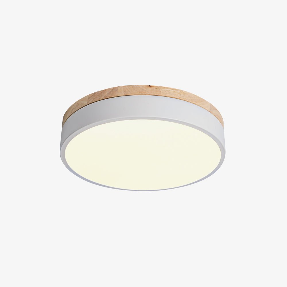 Round white ceiling light shown against a plain ceiling