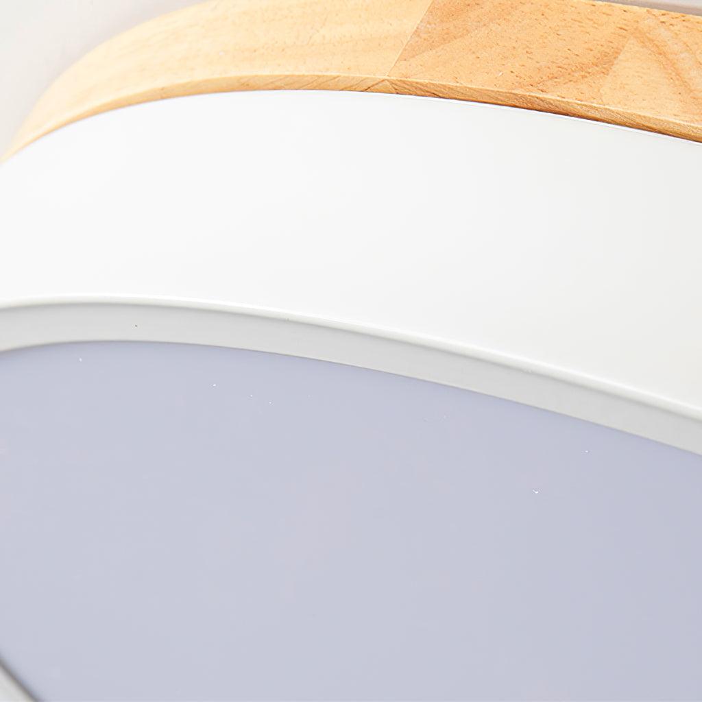 Flush Mount Ceiling Light, Round Wood and White Shade, Dimmable LED