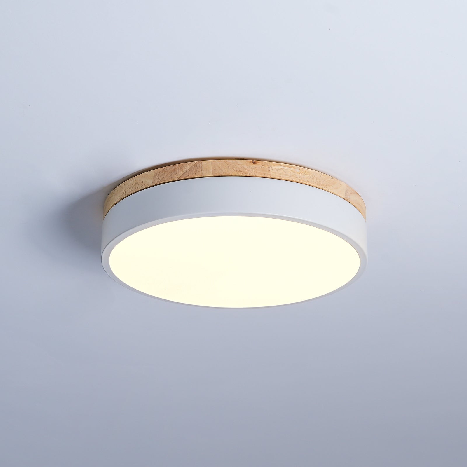 Round flush mount ceiling light glowing in a hallway