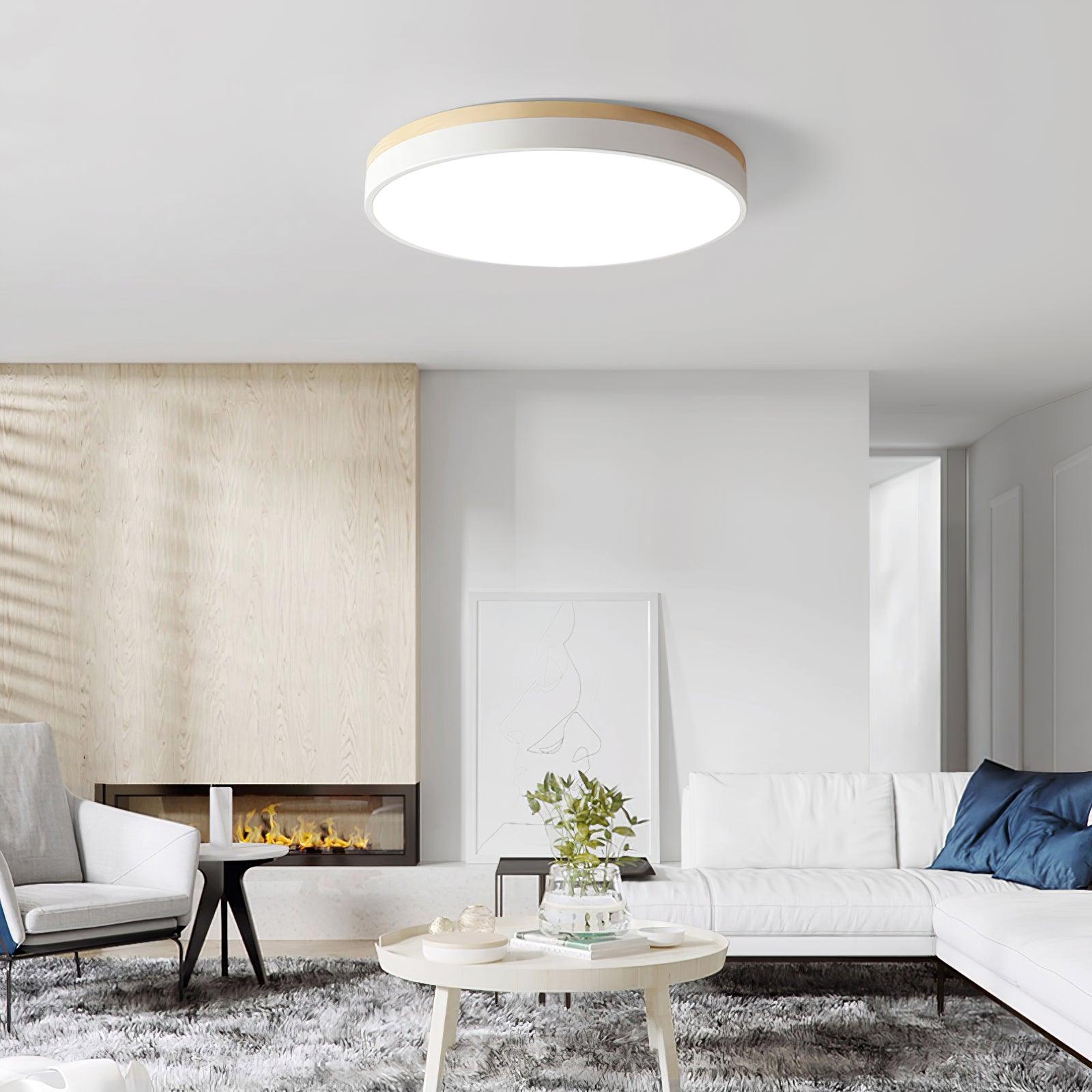 Round wooden ceiling light detail of the white diffuser
