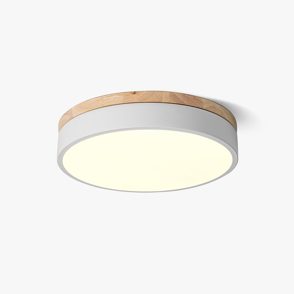 Wooden rim ceiling light close up of the white panel