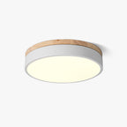 Wooden rim ceiling light close up of the white panel
