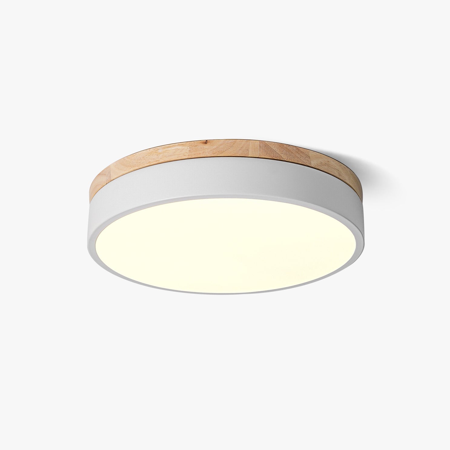 Wooden rim ceiling light close up of the white panel