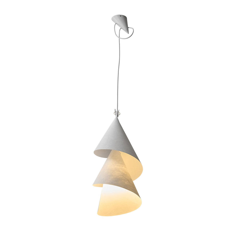 A textured grey top cone spirals into pale paper layers on this Clérachic pendant, shown on white.