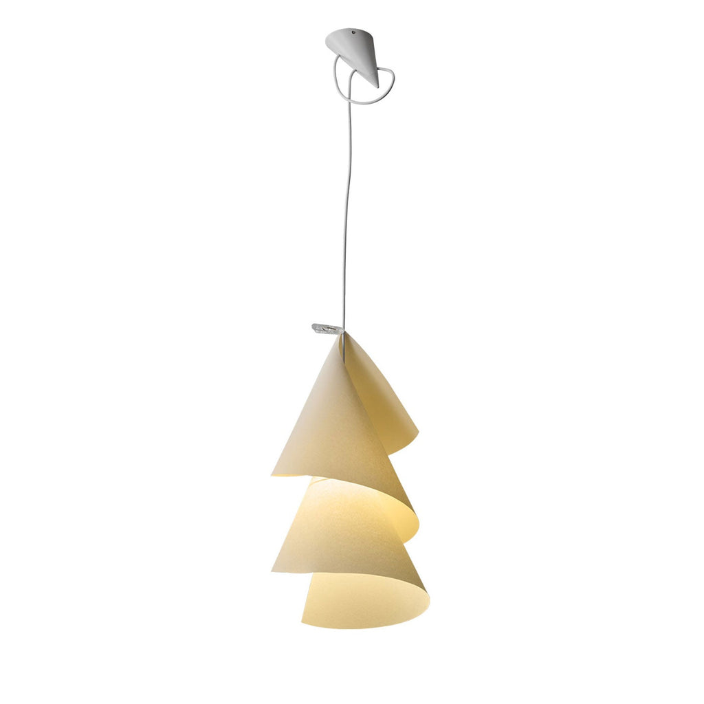 A small ceiling hook holds this Clérachic pendant, its paper cones spiralling downward on a plain backdrop.