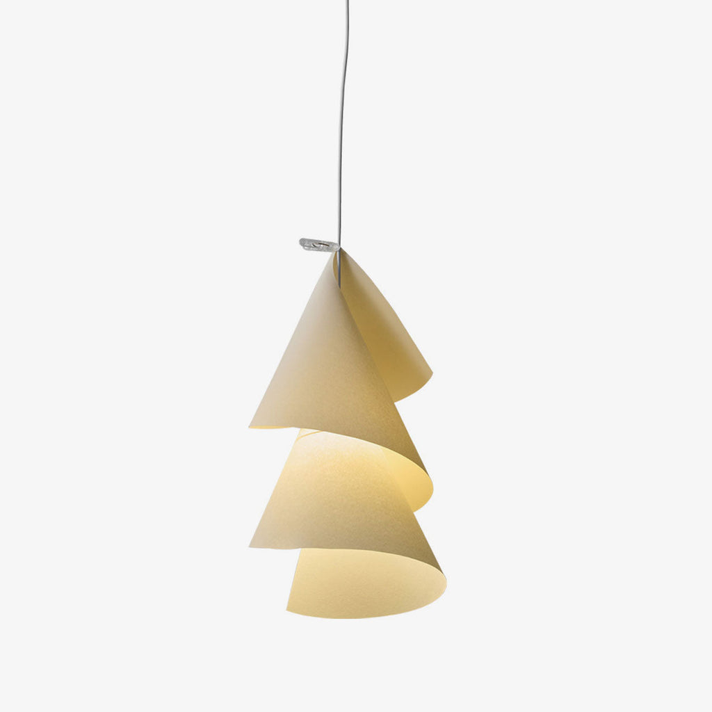Three white paper cones spiral down this Clérachic pendant, shown against a plain backdrop with its cord.