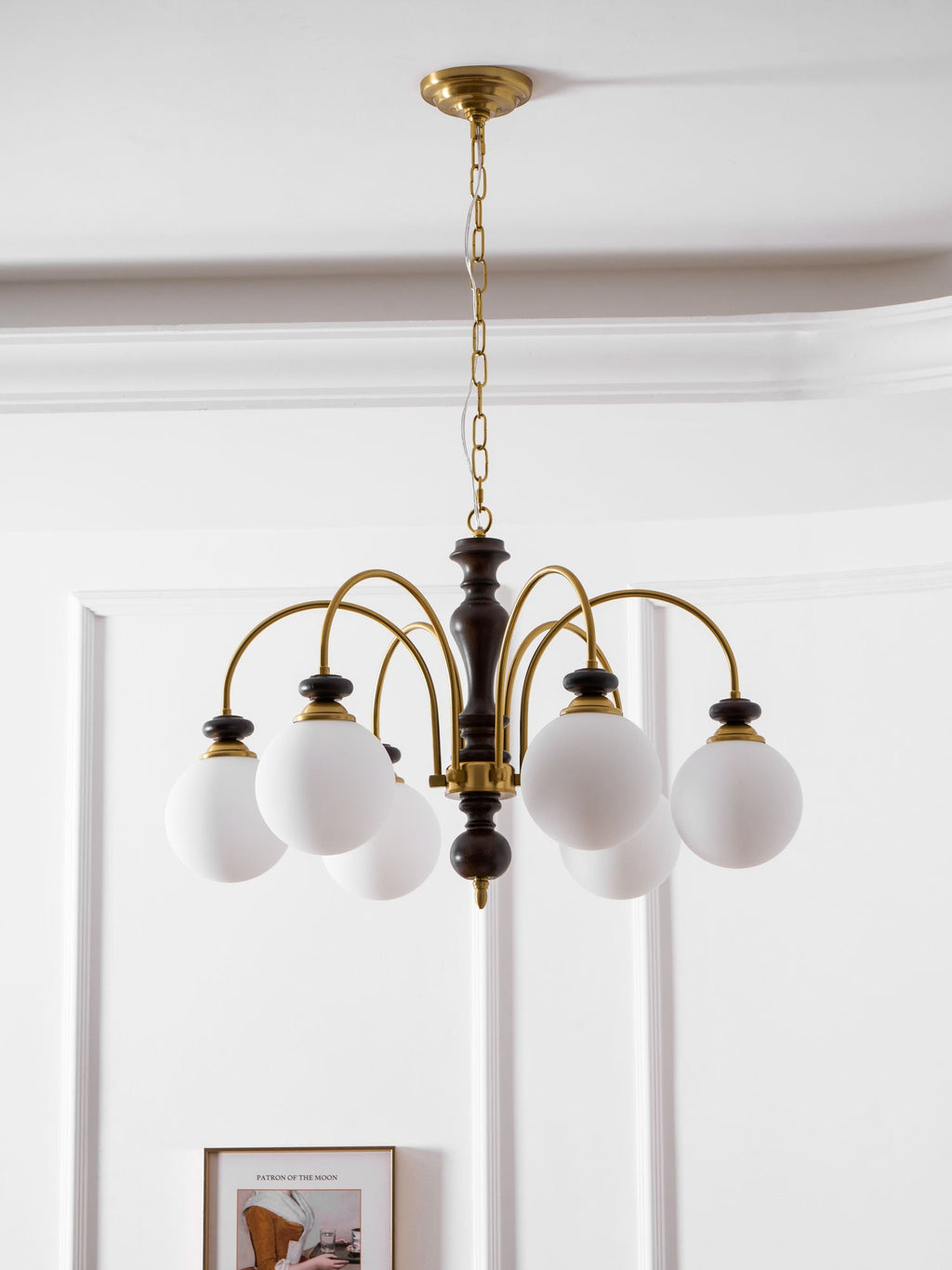 Walnut and gold chandelier three head version shown lit